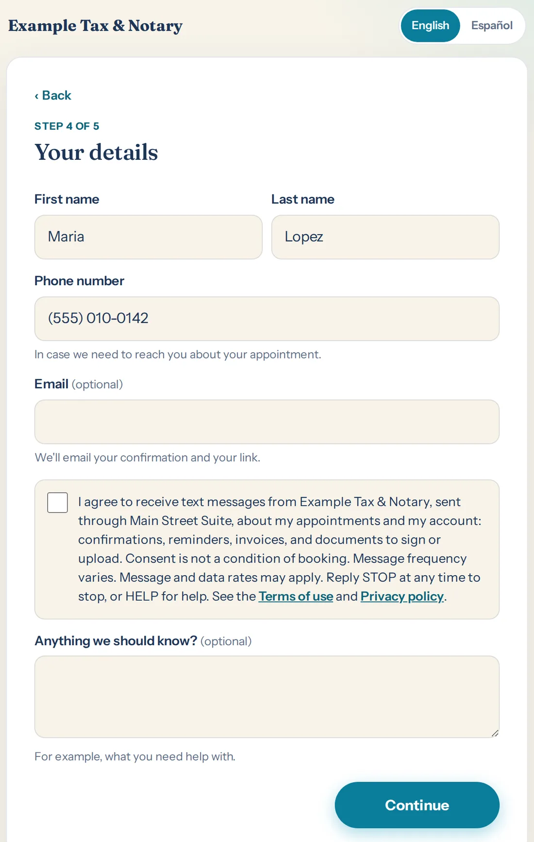 The booking page's Your details step: first name, last name, phone number, email, and an unticked box reading: I agree to receive text messages from Example Tax & Notary, sent through Main Street Suite, about my appointments and my account: confirmations, reminders, invoices, and documents to sign or upload. Consent is not a condition of booking. Message frequency varies. Message and data rates may apply. Reply STOP at any time to stop, or HELP for help. See the Terms of use and Privacy policy.