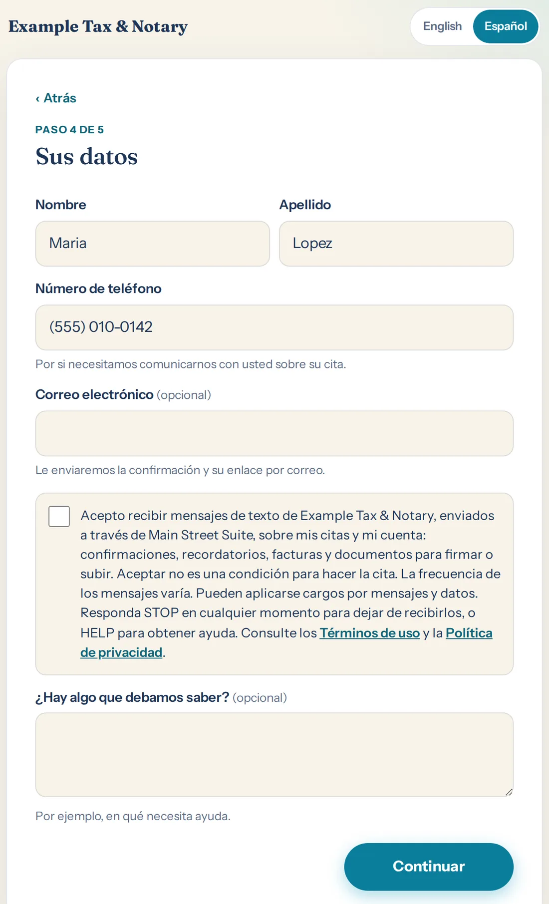 The booking page's details step in Spanish, with the unticked box in Spanish.