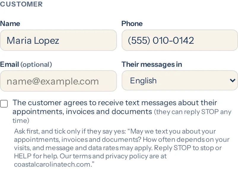The front desk's booking form: the customer's name and phone, and an unticked box reading The customer agrees to receive text messages about their appointments, invoices and documents, with the question to ask under it.