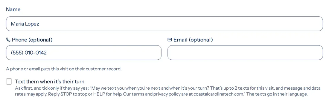 The front desk's Add walk-in form: an unticked box reading Text them when it's their turn, with the question to ask under it.