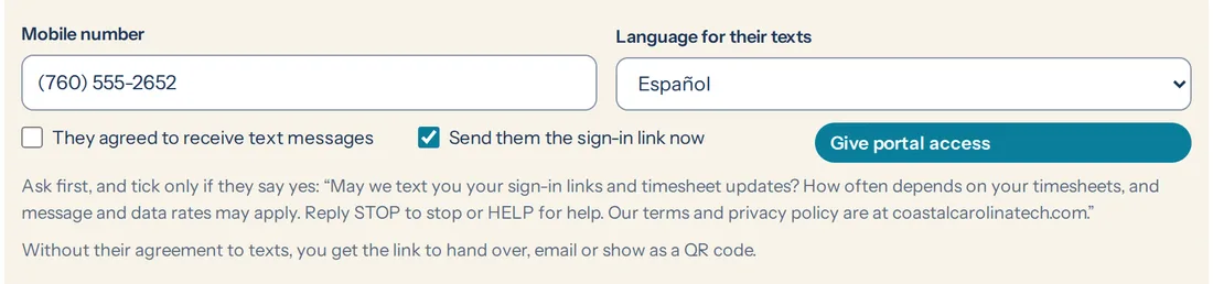 The payroll office's Give portal access form: mobile number, language, an unticked box reading They agreed to receive text messages, and the question to ask.